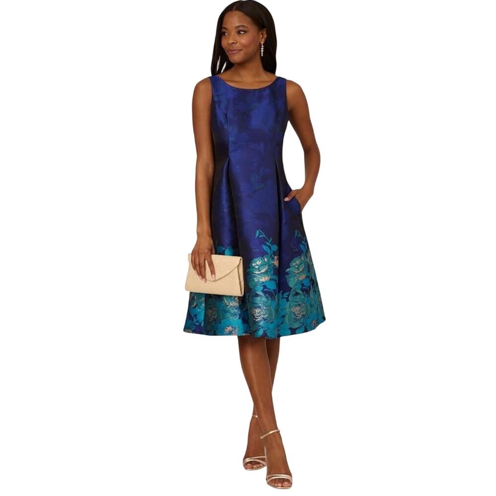 Adrianna Papell Women's Border Jacquard Dress in Blue Teal Multi Size 8